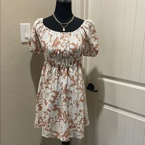 White and Nude Floral Puff Sleeve Smock Dress